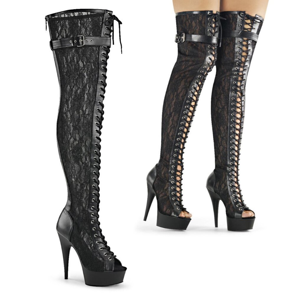Delight 3025ML Lace Panel Platform Thigh High Heel Boots Pleaser Boots